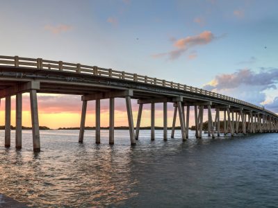 Sunset over Bridge along Estero Boulevard, crossing over New Pass from Estero Bay in Bonita Springs